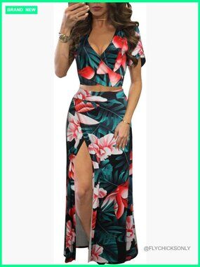 Polyester 2 Piece Maxi Dress Set V Neck Crop Top High Split Skirt